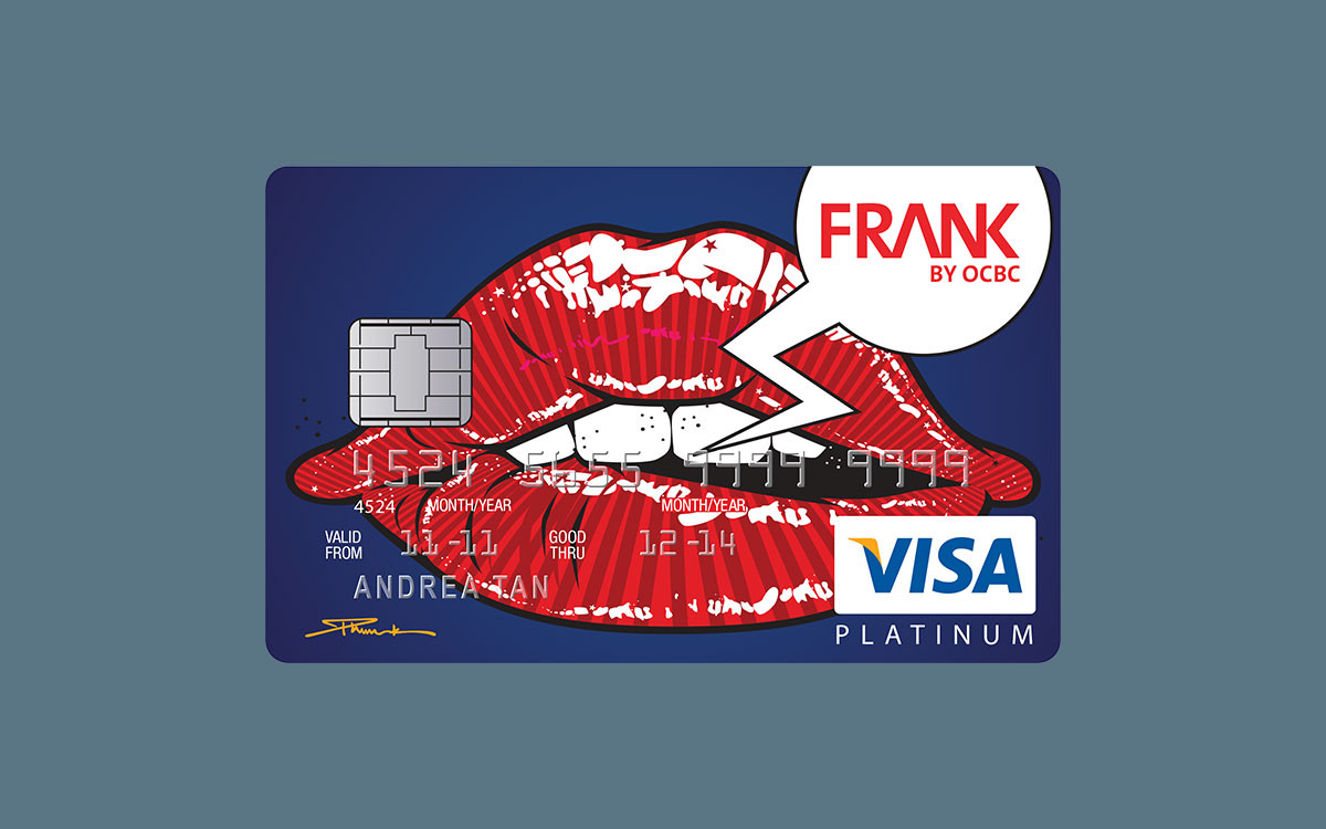 A card design featuring graphic red lips for FRANK by OCBC