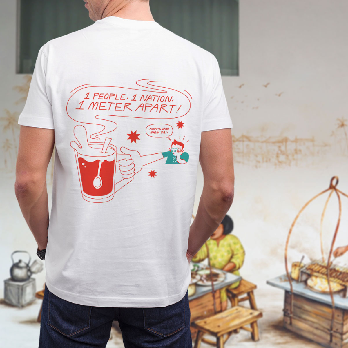 A model wears one out of four hawker-themed tee designs for sale to raise funds for a food charity organisation