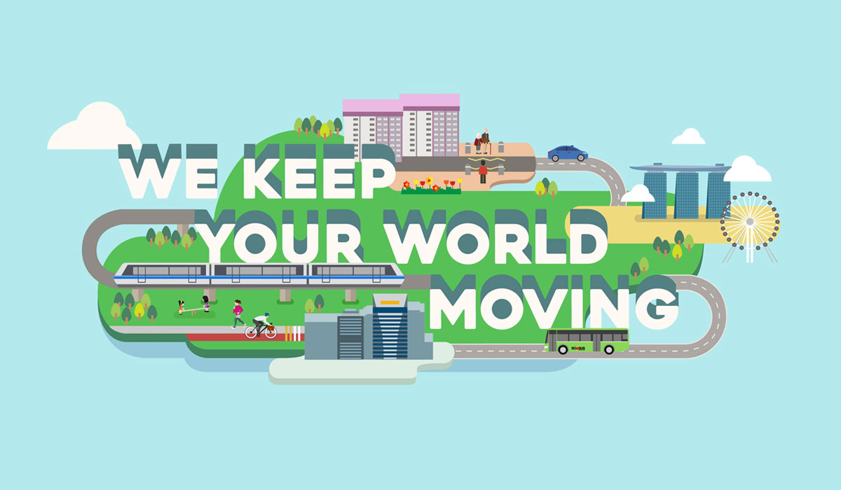 An illustration of transportation across the city with text that reads, “We Keep Your World Moving” for LTA