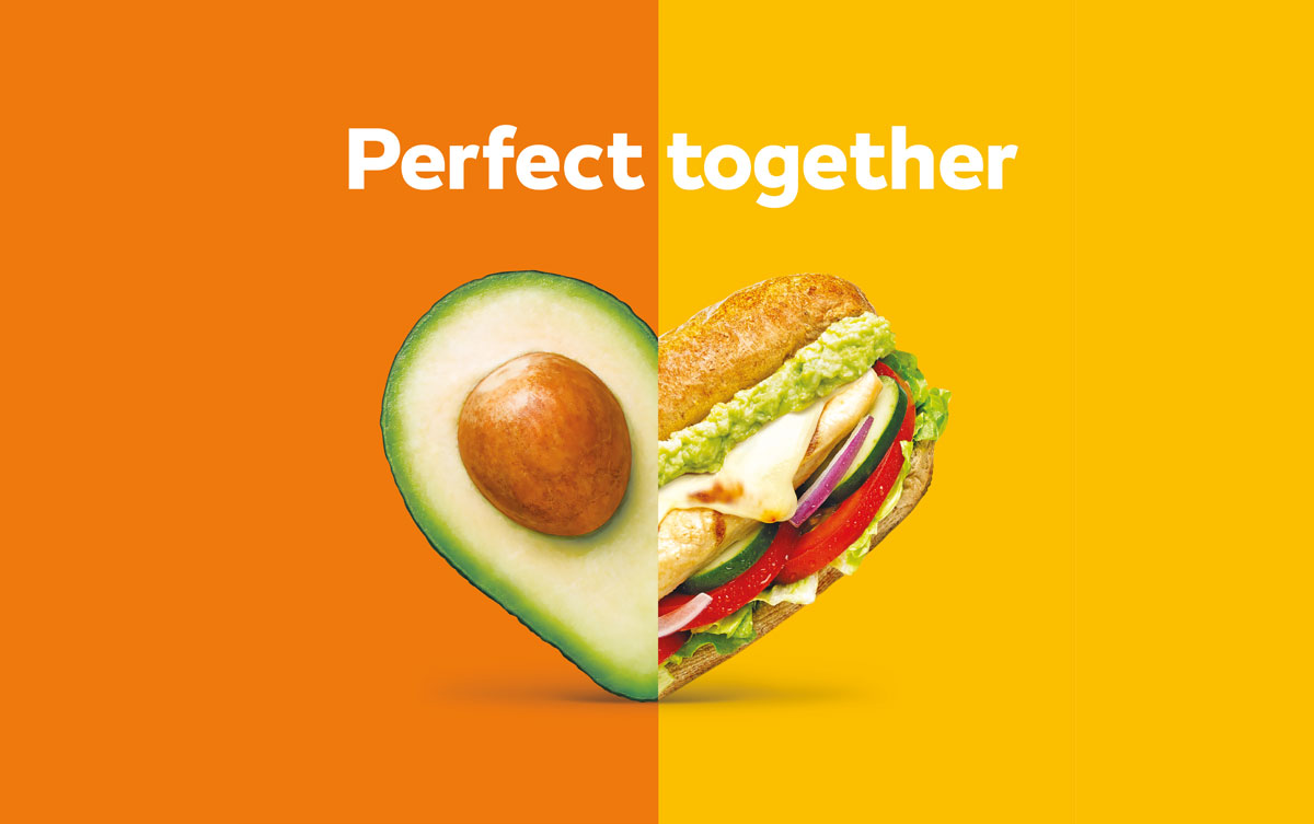 A Subway sandwich and an avocado form a heart under the text, “Perfect together”, for an integrated campaign