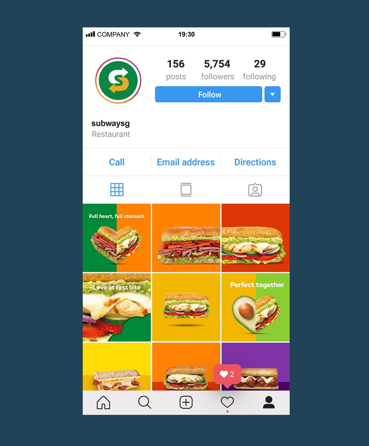 A seamless grid on Subway’s Instagram page, formed by  visually striking visuals of sandwiches and fresh ingredients