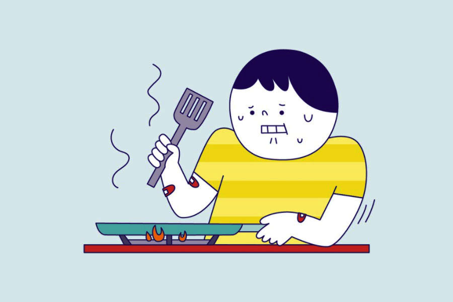 An illustration of a man looking nervous while handling a pan on a stove, featured on MSIG’s Instagram