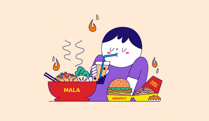 An illustration for MSIG’s Instagram of a man looking satisfied while surrounded by a spread of food
