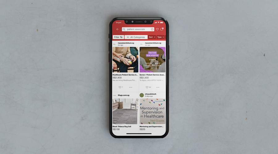 A Carousell app interface shows WSG job ads part of Carousell listings as native advertising